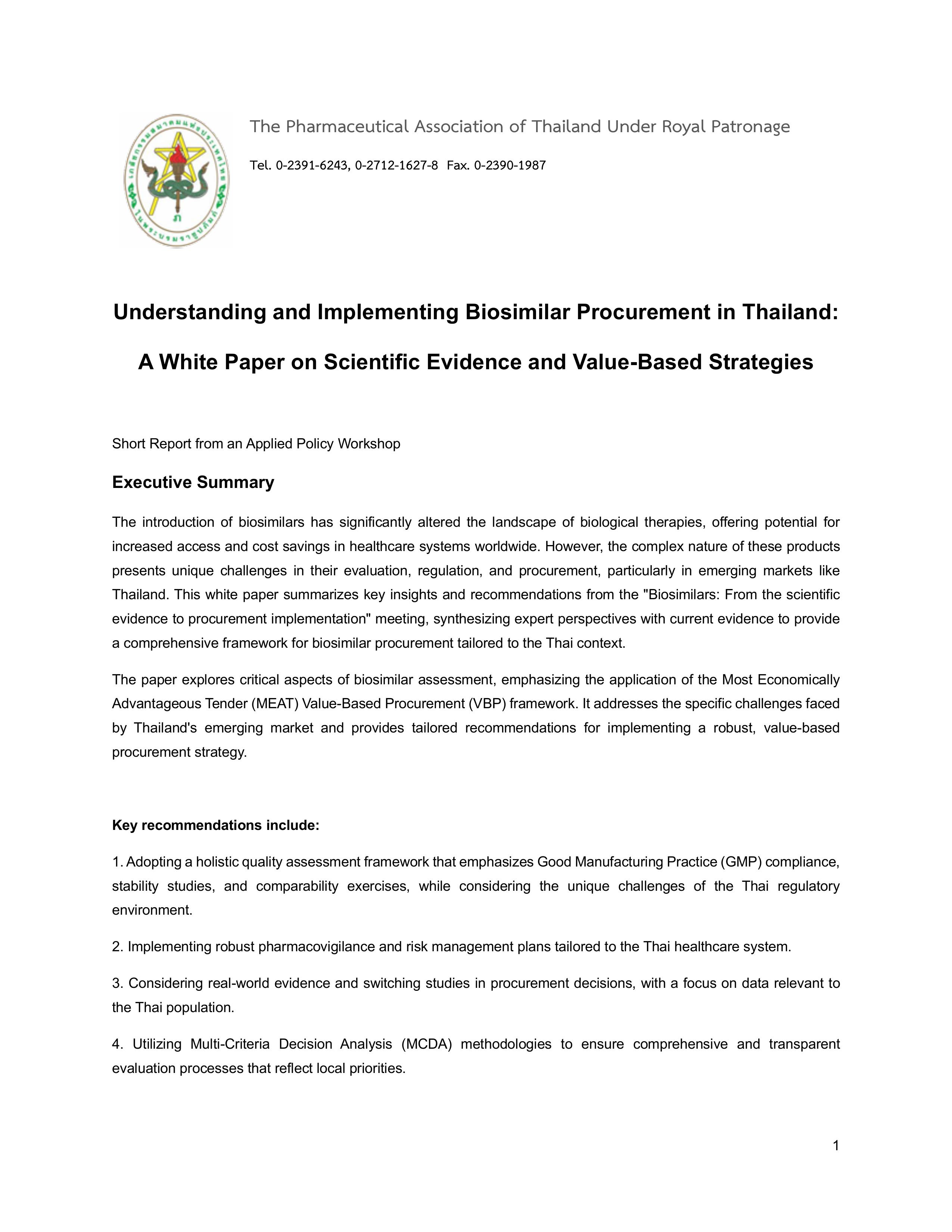 White Paper Understanding and Implementing Biosimilar Procurement in Thailand